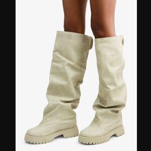 OFF WHITE CREAM DISTRESS OVER THE KNEE CRUNCH BOOT